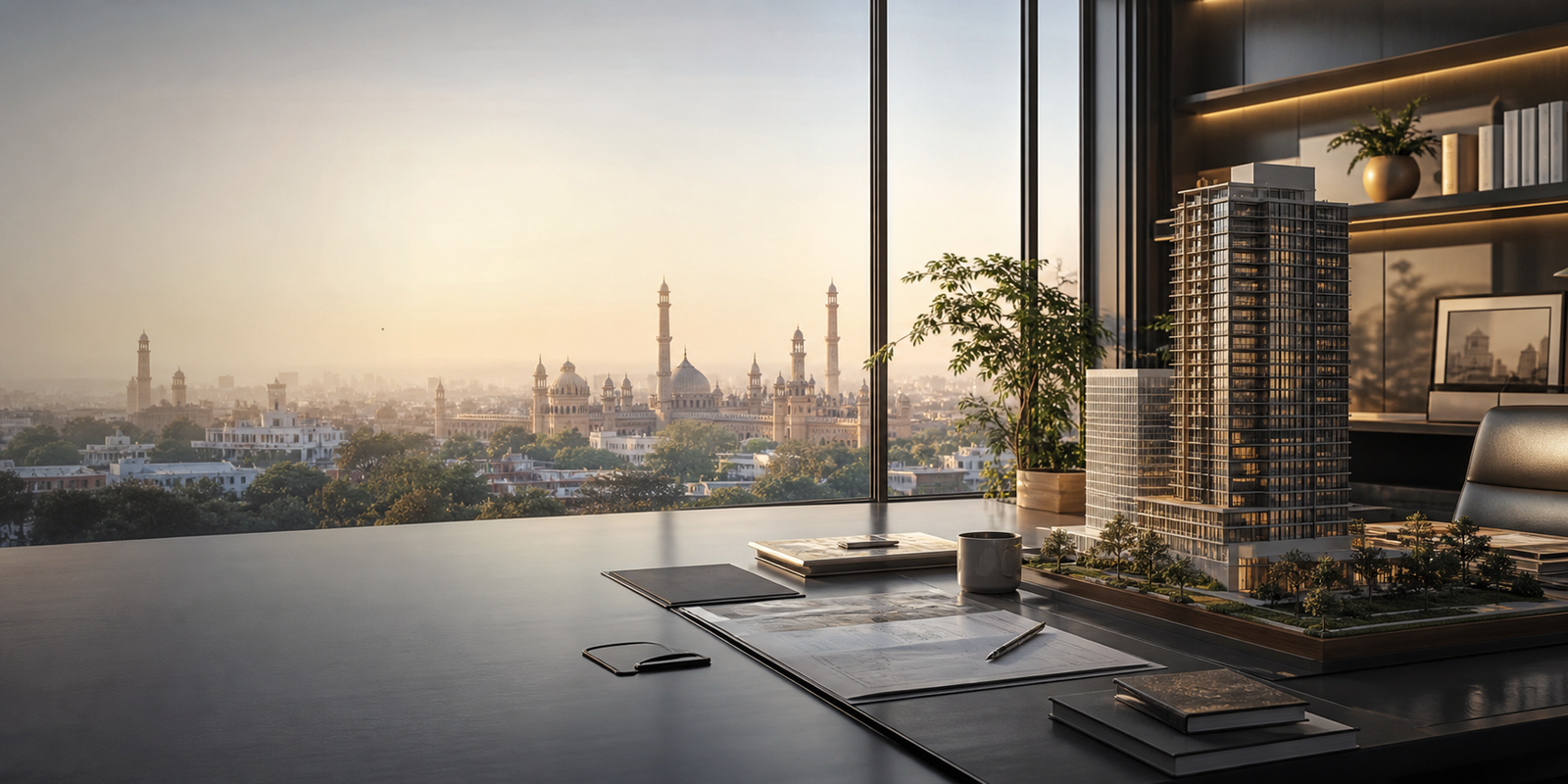 Premium real estate office with architectural models and city skyline